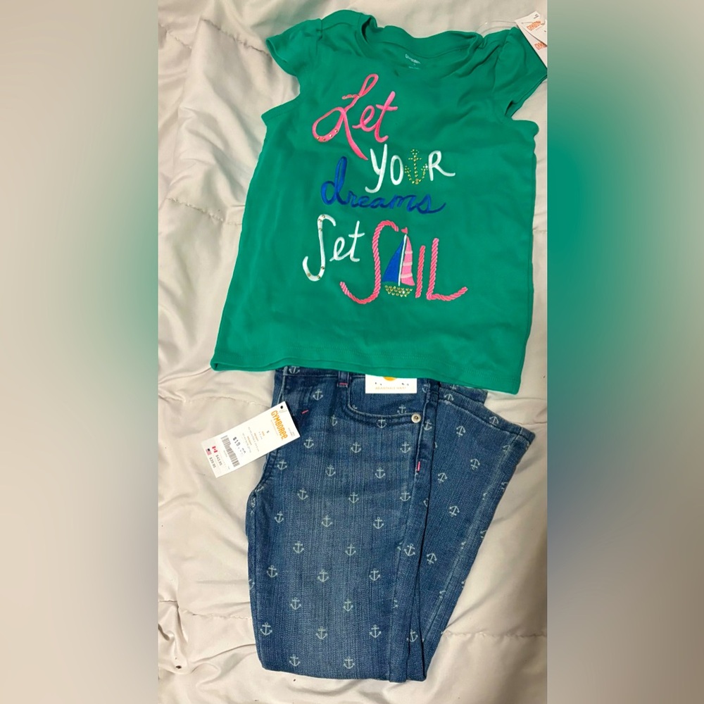 Gymboree kids Nautical Set Green Graphic Tee and Blue Anchor Jeans Set